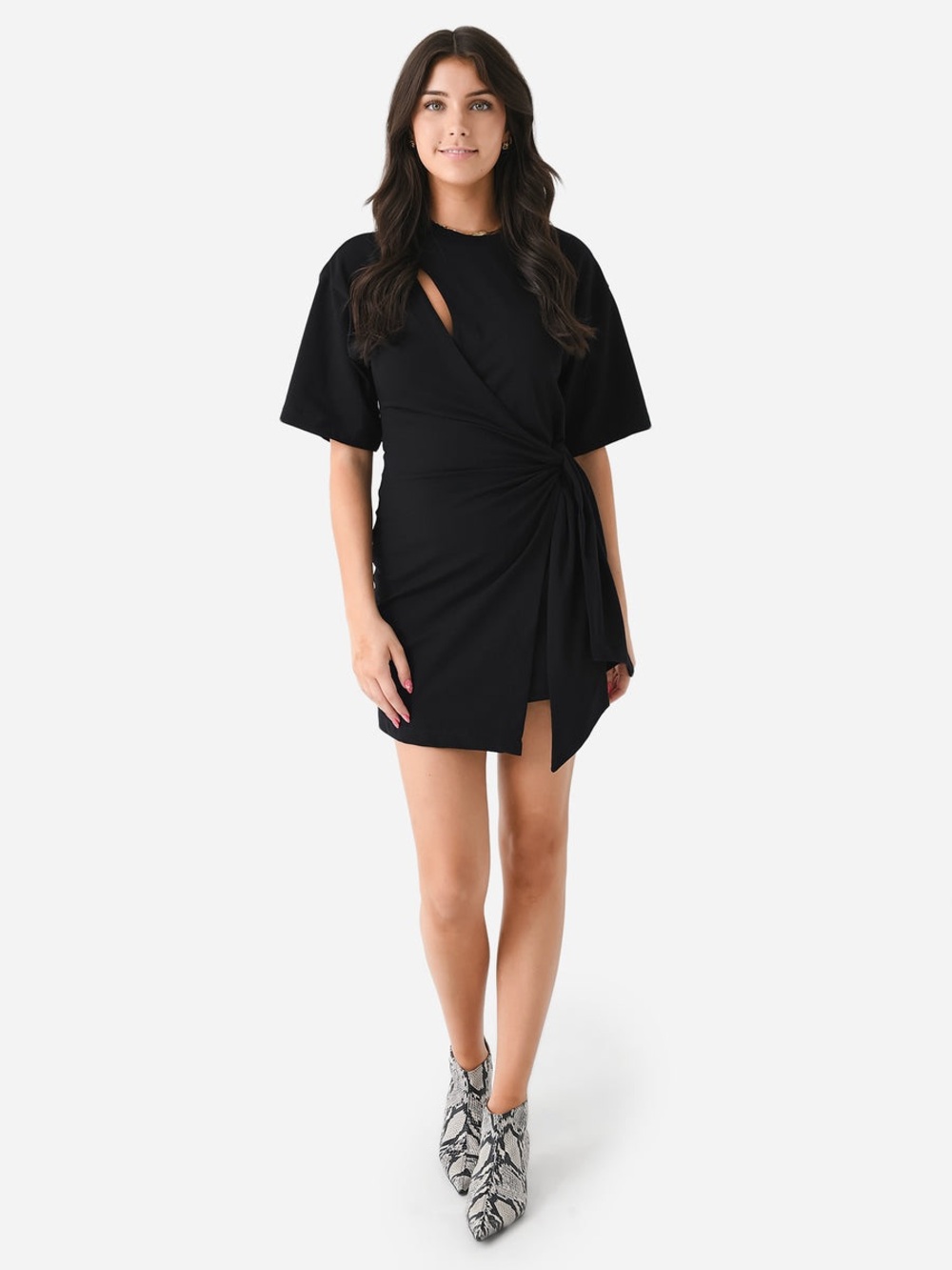 Simkhai Livia Wrap Tie Black Mini Stretch Cotton Dress, size S